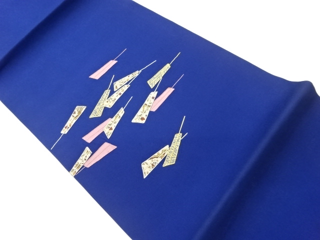 塩瀬金銀駒刺繍扇子模様開き名古屋帯（額縁仕立て）